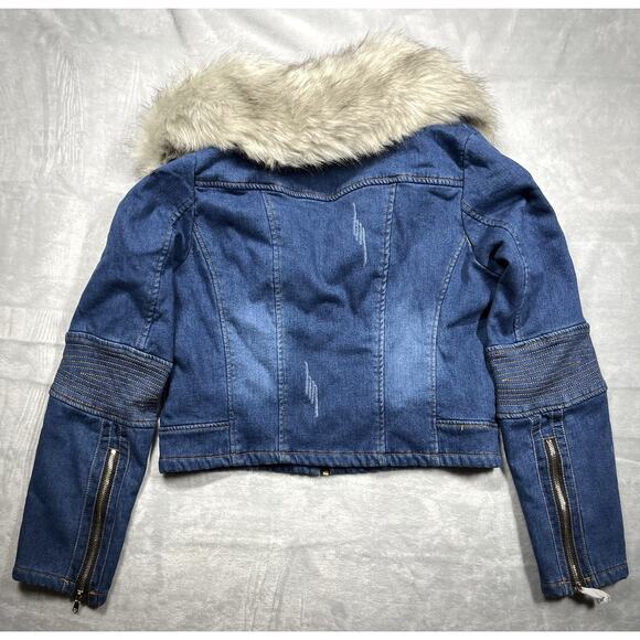 NEW Coalition LA Sz XL Faux Fur Collar and Lining Cropped Denim Jean Jacket NWT - Picture 2 of 16